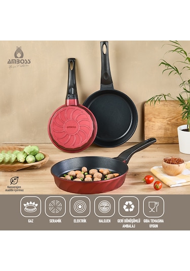 Amboss Vento Döküm Titanyum Kaplama 3 Parça Tava Seti - Kırmızı Kırmızı