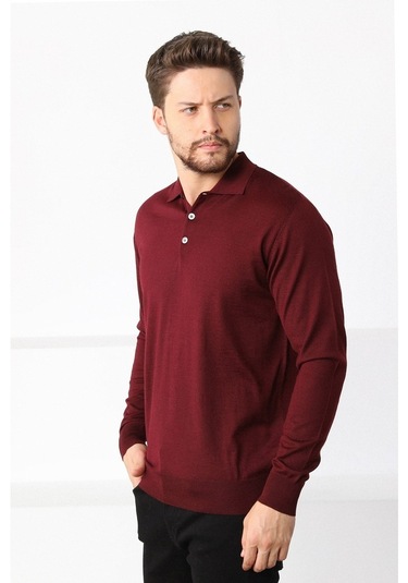 Ferraro Bordo Polo Yaka Superfine Erkek Triko Kazak Bordo