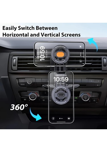 Dashanshop Araç İçin Manyetik Iki Elle Telefon Tutucu 360 Derece Dikey Yatay Döner İphone Uyumlu 16 15 14 13 12 Serisi Siyah
