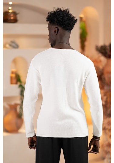 Regular Fit Likralı Kendinden Çizgili Mevsimlik Spor Kazak Beyaz