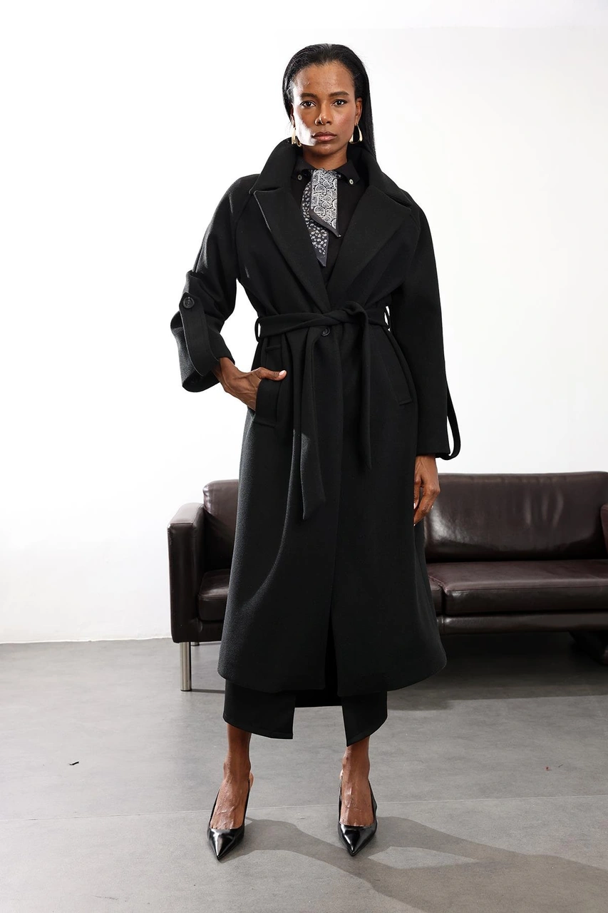 Siyah Kuşaklı Kaşe Palto 1146 Siyah