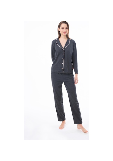 Antrasit Önden Düğmeli Pamuklu Kadın Pijama Takımı Antrasit