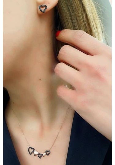 Siyah Oniks Taşlı 925 Ayar Gümüş Aşk Kombini-Standart