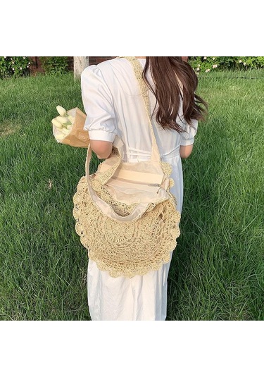 Koyu Kahverengi Kadınlar İçin Hasır Örgü Plaj Çantası El Yapımı Bohem Tarzı Omuz Çantaları Koyu Kahverengi