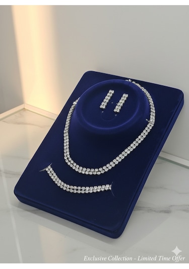 Taşlı Suyolu Model Silver Renk 3lü Takı Seti