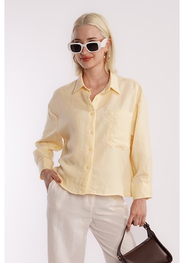 Madmext Sarı Çizgili Oversize Kadın Gömlek Mg2093 Sarı
