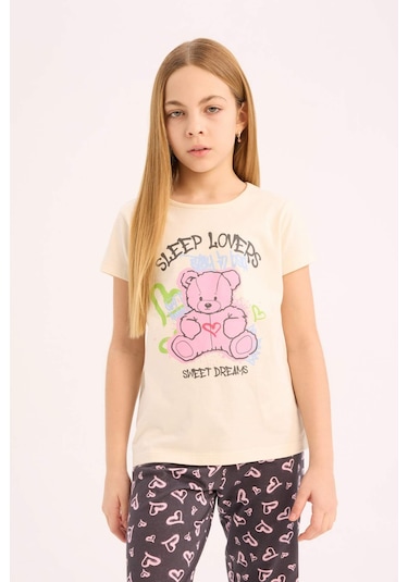 DeFacto Kız Çocuk Pijama Takımı Bisiklet Yaka Baskılı Kısa Kollu Üst Beli Lastikli Desenli Alt E0538A825SMER233 Ekru DeFacto Kız Çocuk Pijama Takımı Bisiklet Yaka Baskılı Kısa Kollu Üst Beli Lastikli Desenli Alt E0538A825SMER233 Ekru