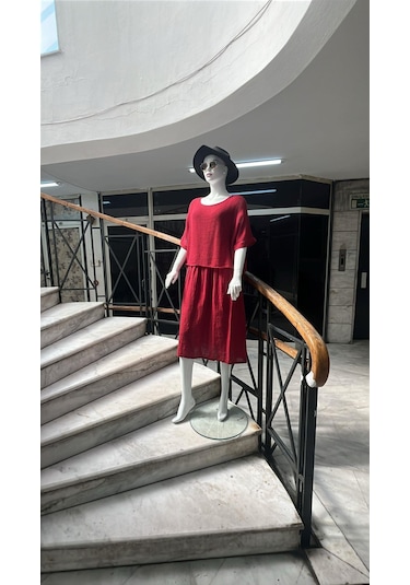 İtalyan Müslin Keteni Üstü File Bluzlu Astarlı Tek Parça Elbise-9256 Bordo