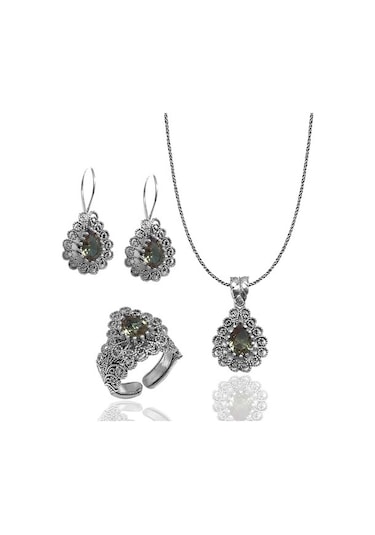 Damla Model Zultanit Taşlı Kadın Telkari Gümüş Üçlü Set