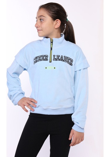 Toontoy Kız Çocuk Fermuar Detaylı Nakışlı Kadife Sweatshirt Mavi