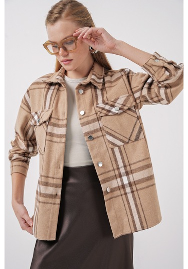 Bigdart 3854 Ekose Desen Çift Cepli Gömlek - Bisküvi