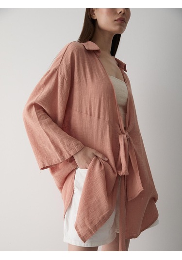 Somon Flam Keten Kimono Gömlek Somon