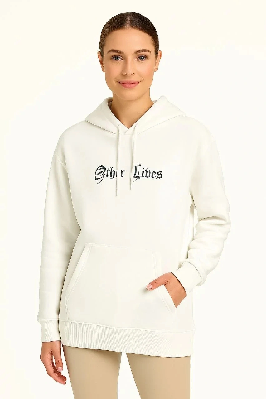 Kadın Kapşonlu Sweatshirt Oversize Üç İplik Şardonlu Hoodie, Other Lives Ön & Arka Baskılı, Kang Beyaz