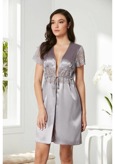 Pierre Cardin Saten Dantelli Midi Sabahlık 1020 Royal Çok Renkli