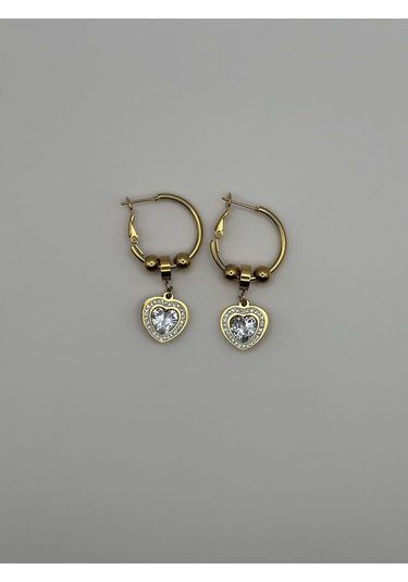 Arnes Jewelry Çelik Sallantılı Zirkon Taşlı Kalpli Küpe Ar190nes Gold