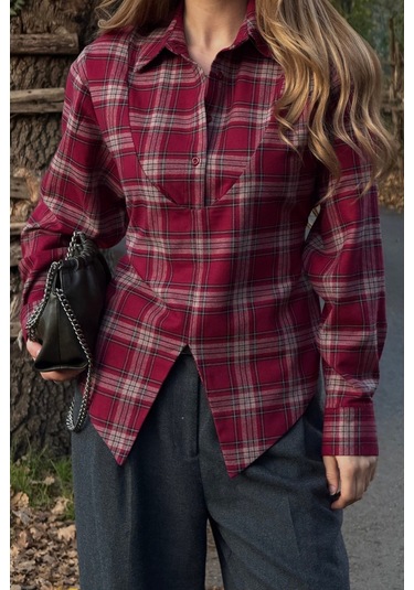 Kırmızı Bağlama Detaylı Ekoseli Gömlek - 25250 Kırmızı