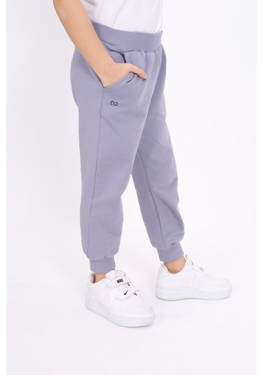 Kız Çocuk Baskılı Beli Paçası Ribanalı Cepli Basic Jogger Eşofman Altı 2 İplik Koyu Gri