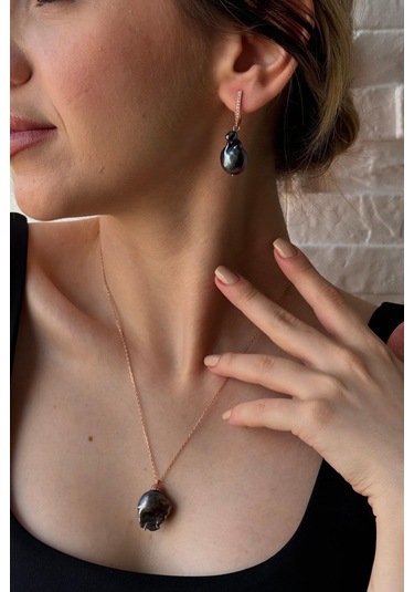 Siyah Barok İnci Kolye Küpe İkili Set 45 Cm / Sarı Gümüş