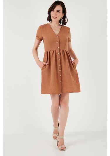 Lela Cepli Önü Düğmeli Kısa Kollu V Yaka Regular Fit Bayan Elbise 611El222 Kahve