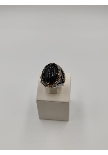 Siyah Taşlı Kapşon Kesim Erkek Yüzüğü 24 Mm 925 Ayar Gümüş Yüzük