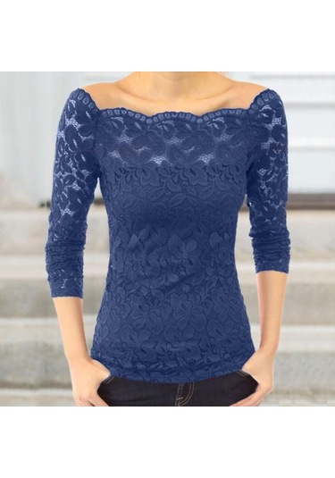Kadın Üstler Eğik Yaka Uzun Kollu Dantel Gömlek Oyuk Dantel Eklemeli Düz Renk Dar Kesim Nakış Dantel Çiçekli Üstler Siyah