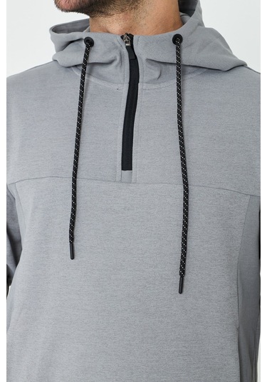 White Stone Gri Kapüşonlu Yarım Fermuarlı Yandan Cepli Erkek Sweatshirt Grey