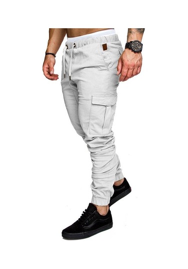 Erkek İlkbahar Ve Sonbahar Uzun Pantolon Moda Günlük İpli Elastik Pantolon Düz Renk Cepli Pantolon Beyaz