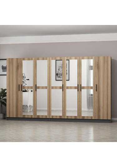 Minar Kale 7 Kapaklı 5 Aynalı 4 Çekmeceli Dolap Antrasit Dore 210cm