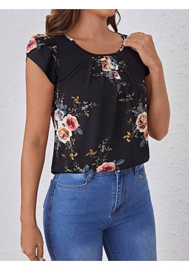 Kadın Kısa Kollu Bisiklet Yaka Çiçek Baskılı Süprem Bluz Siyah