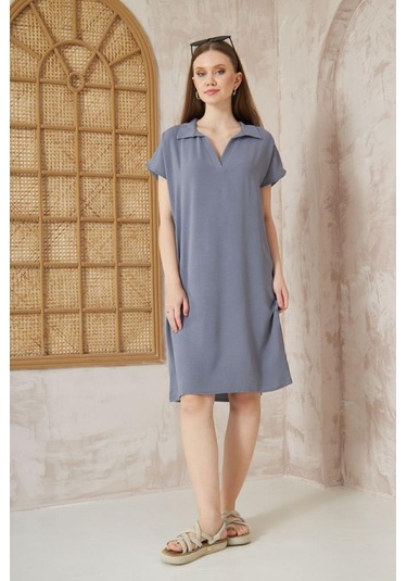 Kadın Bol Kesim Polo Yaka Kısa Kollu Günlük Kısa Midi Elbise Dizüstü 2883200 Gri