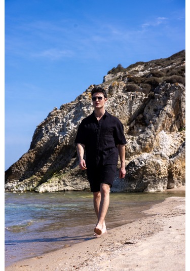 Keten Kumaş Siyah Renk Cep Detaylı Gömlek Şort Erkek Takım-1732 Siyah