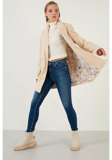 Lela Oversize Çift Düğmeli Cepli Uzun Bayan Kaban 6230058 Taş