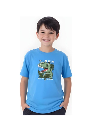 T-rex Baskılı Erkek Çocuk Kısa Kollu Tişört Mavi