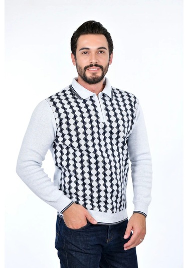 Kamalı Erkek Çelik Örgü Gömlek Yaka Fermuarlı Polo Yakalı Tüylenmez Triko Kışlık Baba Kazak Beyaz