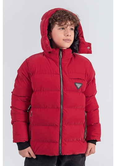 Nova Kumaş Kapüşonlu Erkek Çocuk Kışlık Mont Km2509 Kırmızı