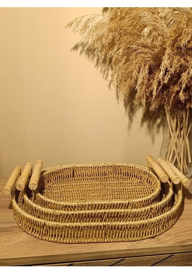 3lü Hasır Rattan Bambu Kulplu Örme Tepsi Organizer Diğer