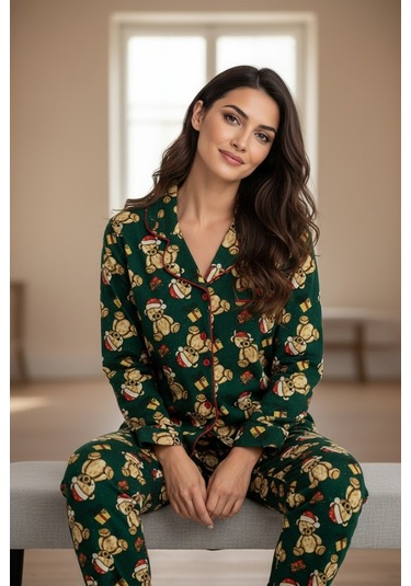 Luxury Soft Yeşil Yılbaşı Ayıcık Desenli Uzun Kollu Kadın Pijama Takımı 3065 Haki