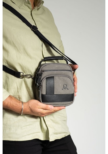 Kanvas 7 Bölmeli El Ve Omuz Erkek Çantası 413 Gri - Siyah