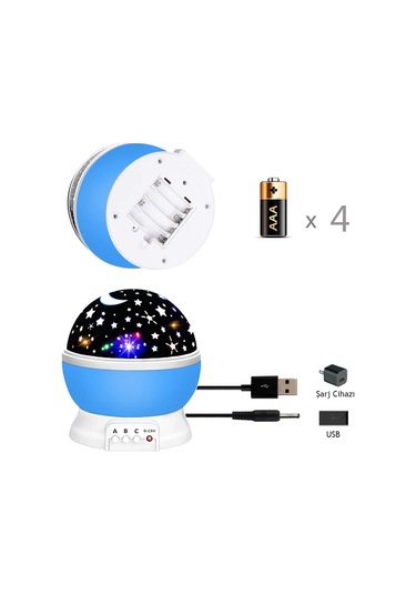 Renkli Ay Yıldız Tavan Yansıtma Pilli Led Gece Lambası Gökyüzü Projeksiyonlu Dönen Küre Siyah