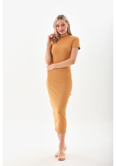 Hardal Kısa Kollu Diz Altı Fitilli Esnek Kalem Elbise - 130 Cm Hardal