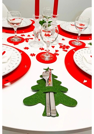 Yılbaşı Temalı Supla Seti Kırmızı-yeşil Keçe, 4 Kişilik Kırmızı