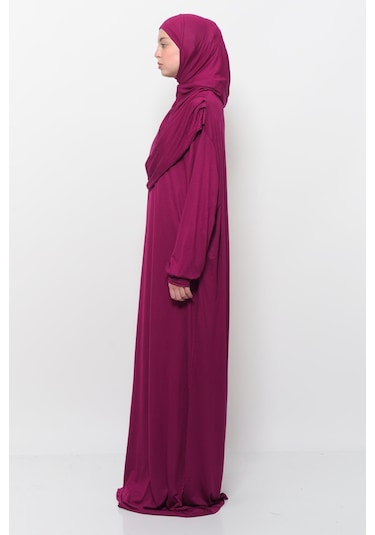 Pratik Tek Parça Pamuklu Yarasa Kollu Tak Çıkar Başörtülü Tesettür Namaz Elbisesi Koyu Fuşya Çok Renkli