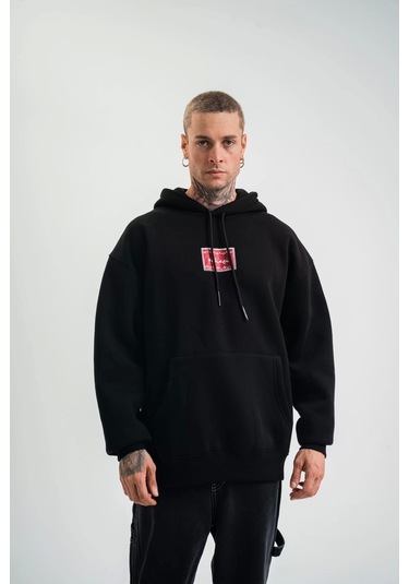 Double Oversize Kapşonlu Dijital Patchli Sweatshirt - Siyah