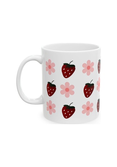 Çilek Ve Çiçeği Desenli Hediyelik Baskılı Porselen Beyaz Lüks Kupa Bardak Beyaz