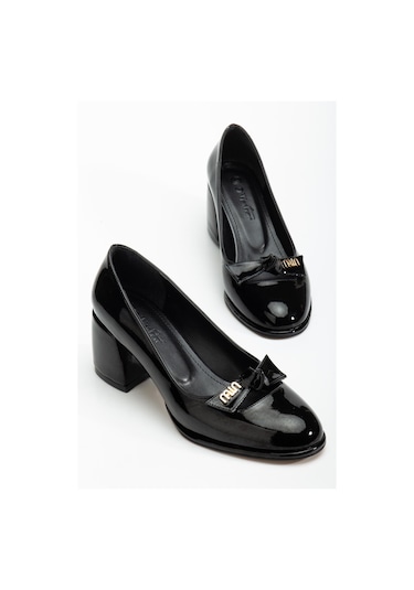 Büyük Beden Kadın Kalın Topuklu Ayakkabı Siyah Rugan Fiyonklu Yuvarlak Burun-4300 Siyah
