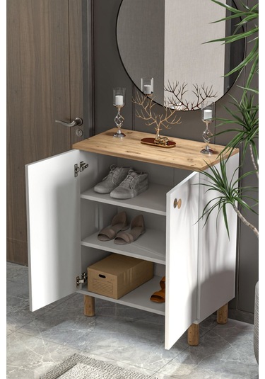 Bohem 2 Kapaklı 3 Raflı Çok Amaçlı Ayakkabılık, Erzak Dolabı - 2 / Kahverengi Kahverengi