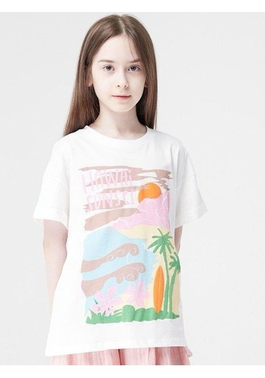Kız Çocuk Pamuklu Hawai Baskılı Yuvarlak Yaka Yarım Kol Tshirt-14023 Ekru Pmb