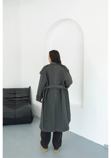 Neşeli Butik Kadın Omuz Detaylı Antrasit Kaşe Kaban Nbmylk34 Antrasit