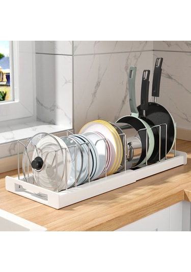 Geri Çekilebilir Ayarlanabilir Mutfak Depolama Rafı Tencere Kapağı Bulaşık Tava Depolama Standı - Gri