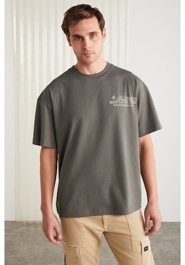 Colıbrı  Erkek Ön Arka Baskı Detaylı Oversize Kısa Kollu Bisiklet Yaka Organik Pamuklu Gri T-shirt